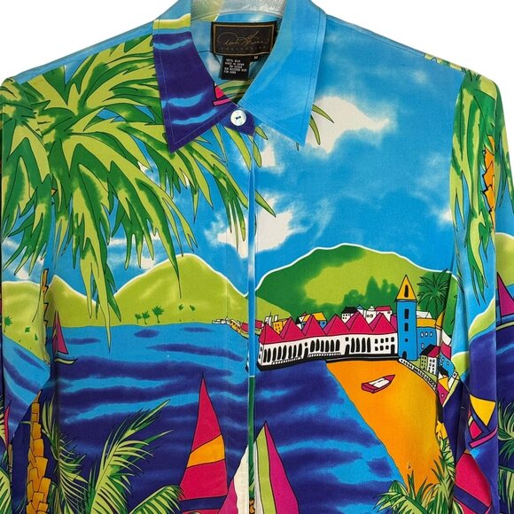 Diane Gilman Women's 100% Silk Blouse Tropical Size Medium Palm Trees, Sail Boat - Picture 2 of 15